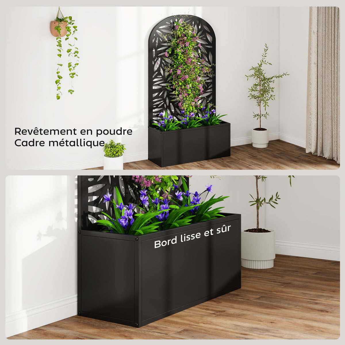 Jardinière brise-vue murale en métal noir ajouré 61x23x113 cm