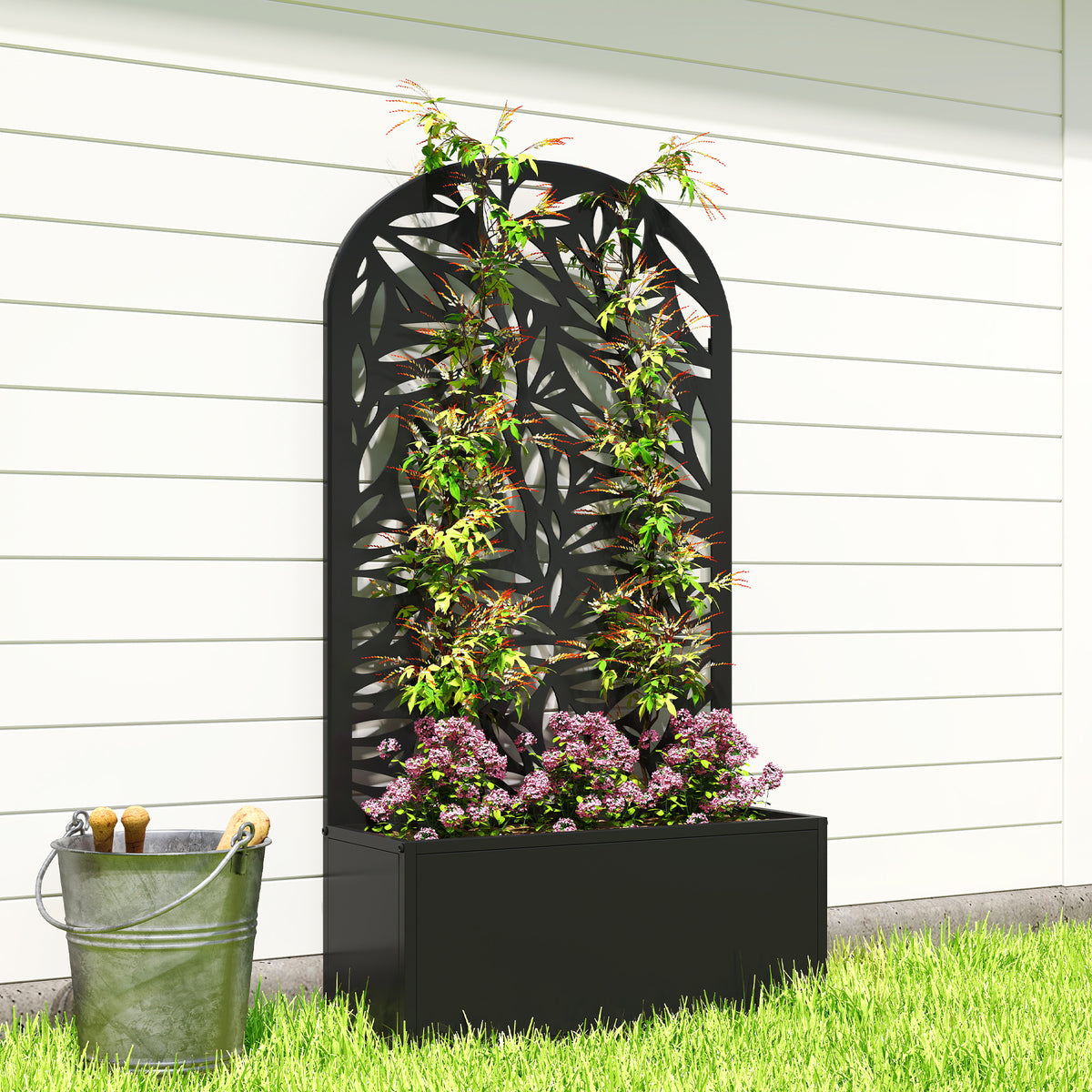 Jardinière brise-vue murale en métal noir ajouré 61x23x113 cm