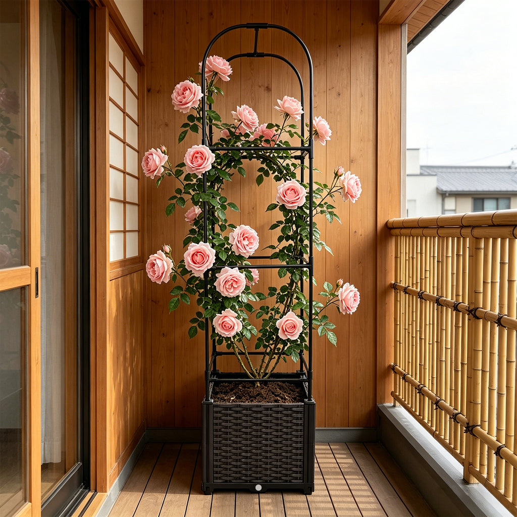 Jardinière carrée noire avec treillis arche 160 cm de haut