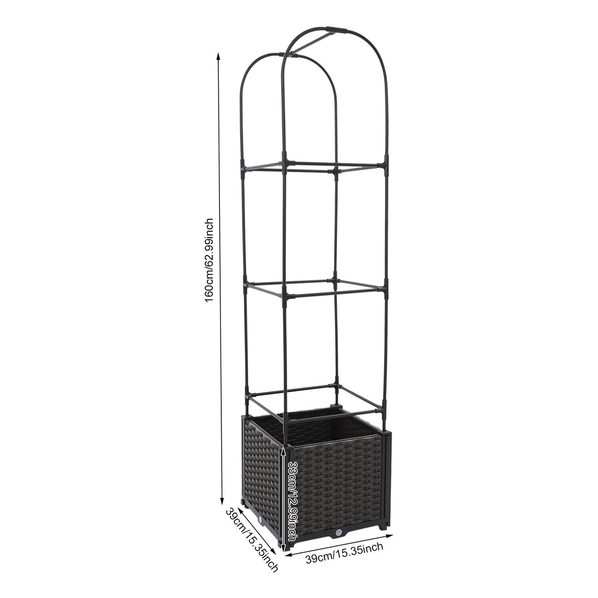 Jardinière carrée noire avec treillis arche 160 cm de haut