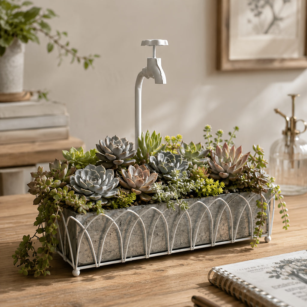 Jardinière décorative en zinc avec robinet blanc — 38x18 cm