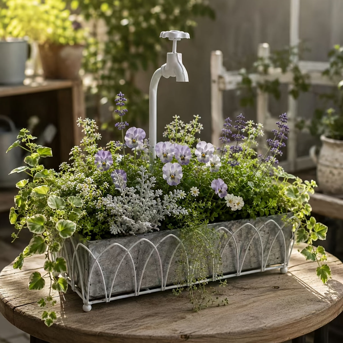 Jardinière décorative en zinc avec robinet blanc — 38x18 cm