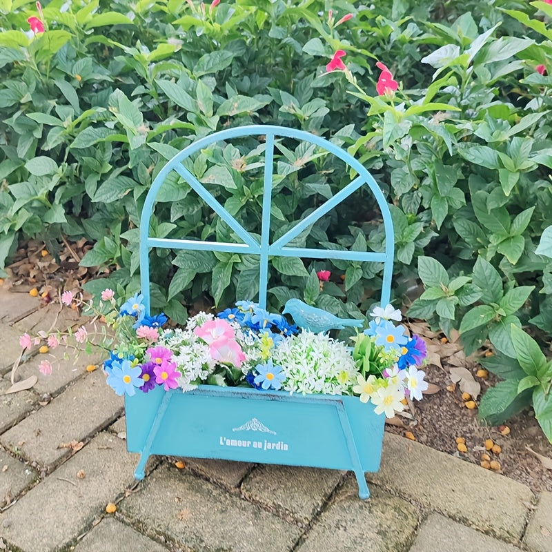 Jardinière en fer forgé bleu vintage 30 cm avec arche ajourée