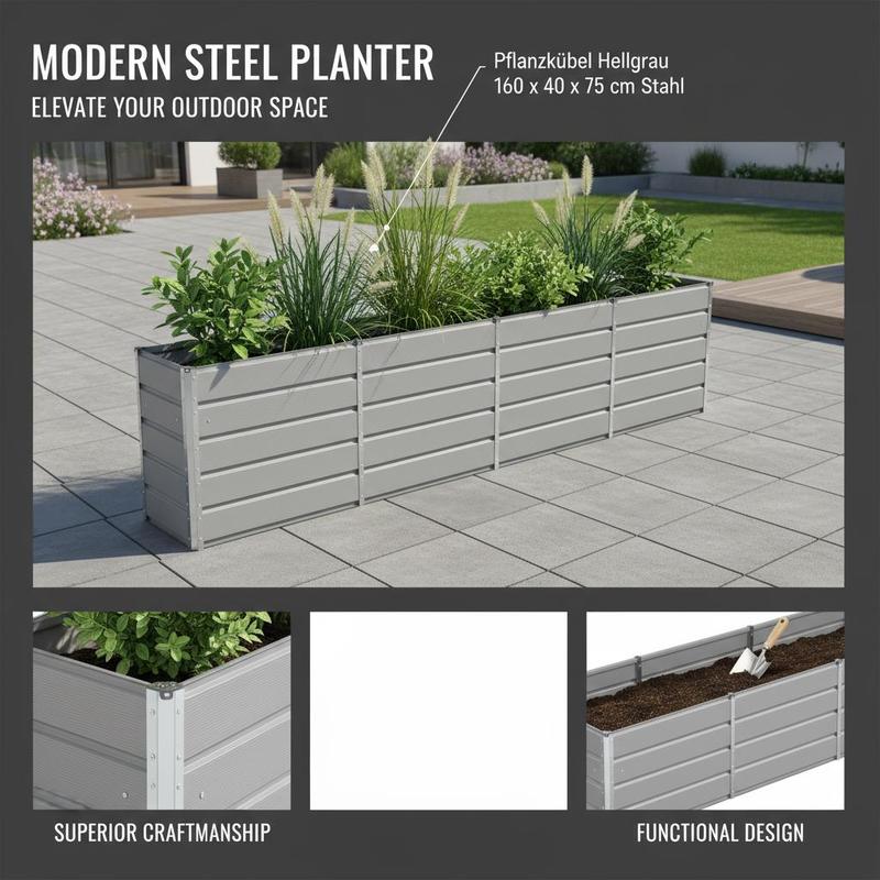 Jardinière haute en acier gris clair 160x40x75 cm moderne