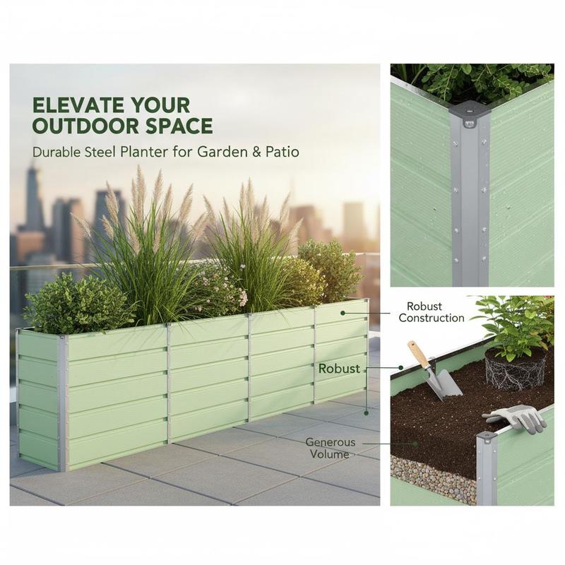 Jardinière haute en acier vert 160x40x75 cm pour terrasse