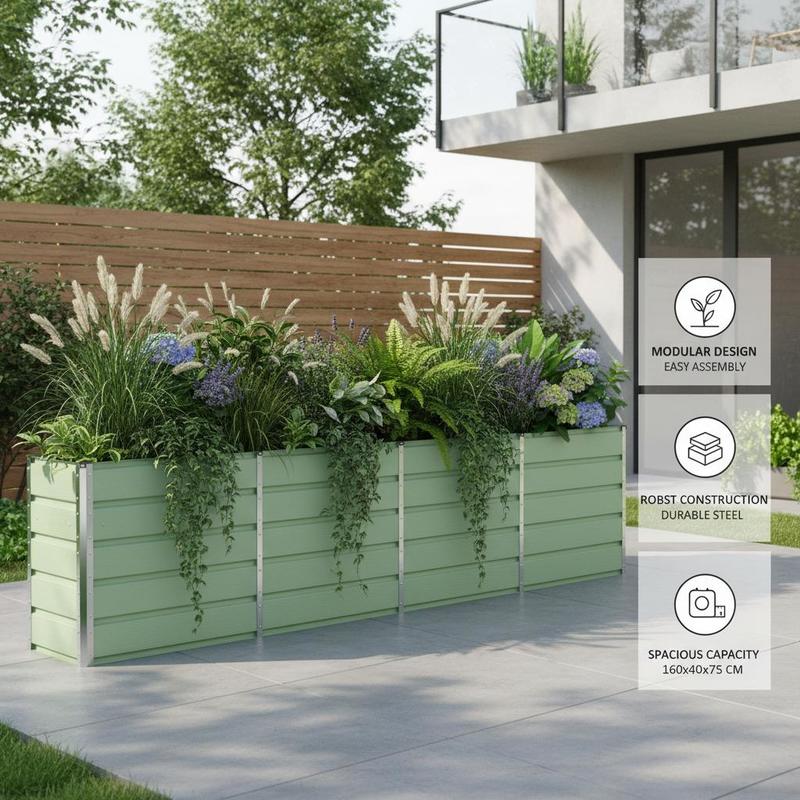 Jardinière haute en acier vert 160x40x75 cm pour terrasse