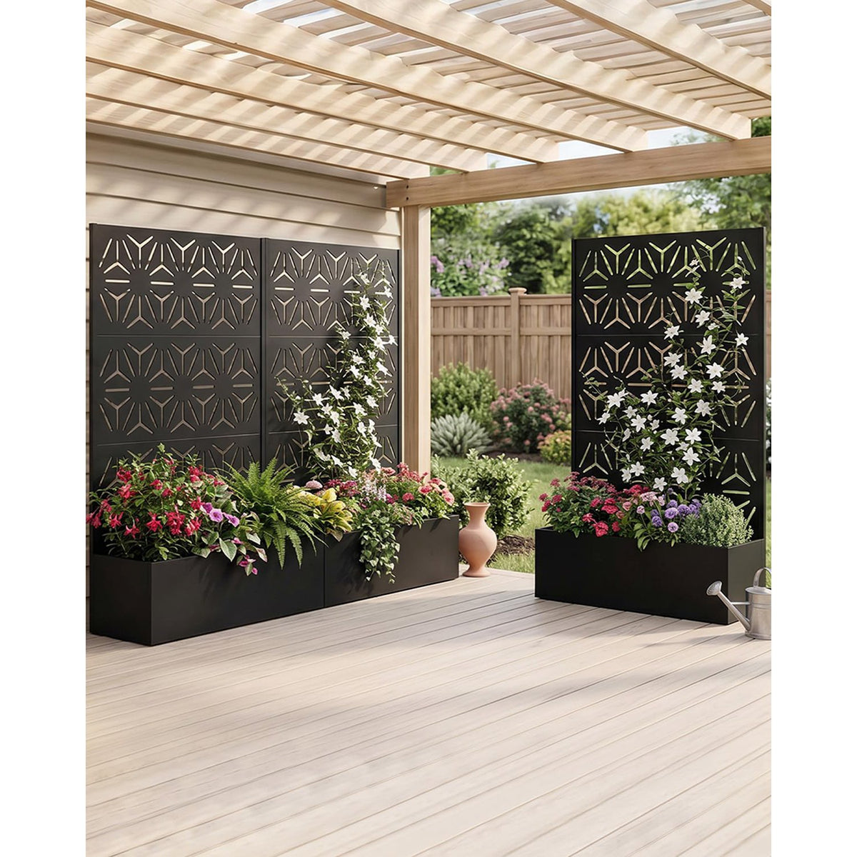 Jardinière haute en métal noir ajouré brise-vue 112x41x180 cm