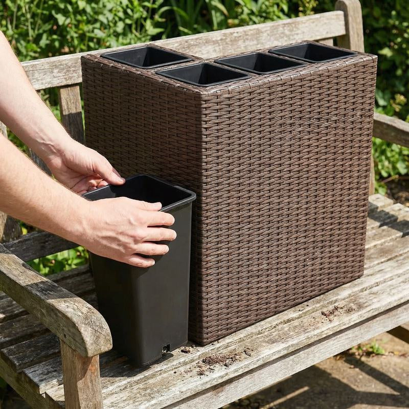Jardinière haute en polyrotin marron avec 4 bacs amovibles