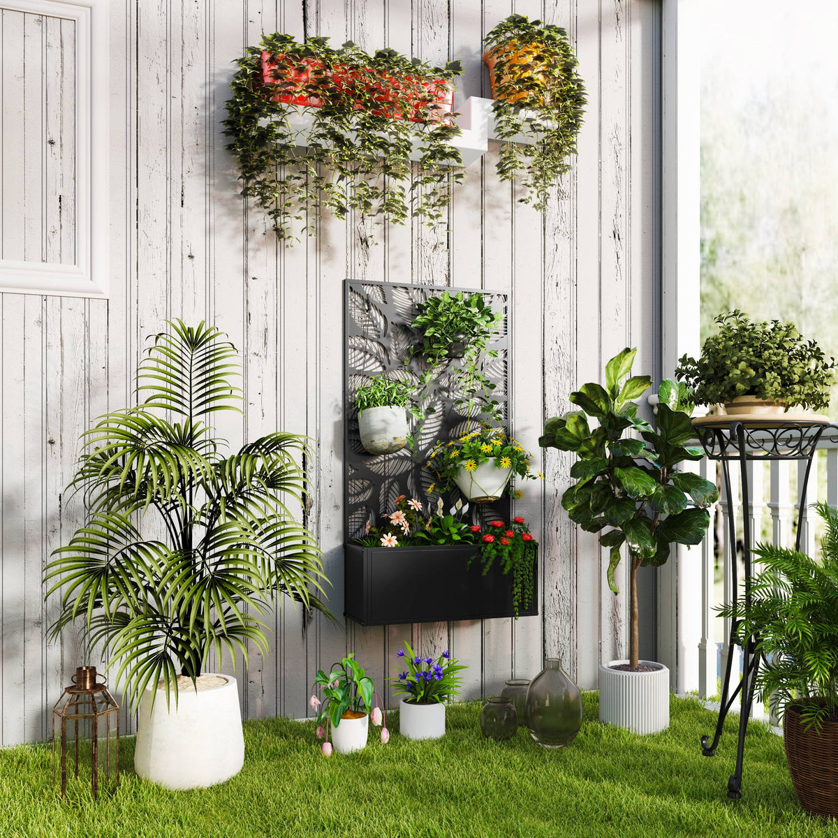 Jardinière murale ou autoportante en métal noir ajouré 61 cm