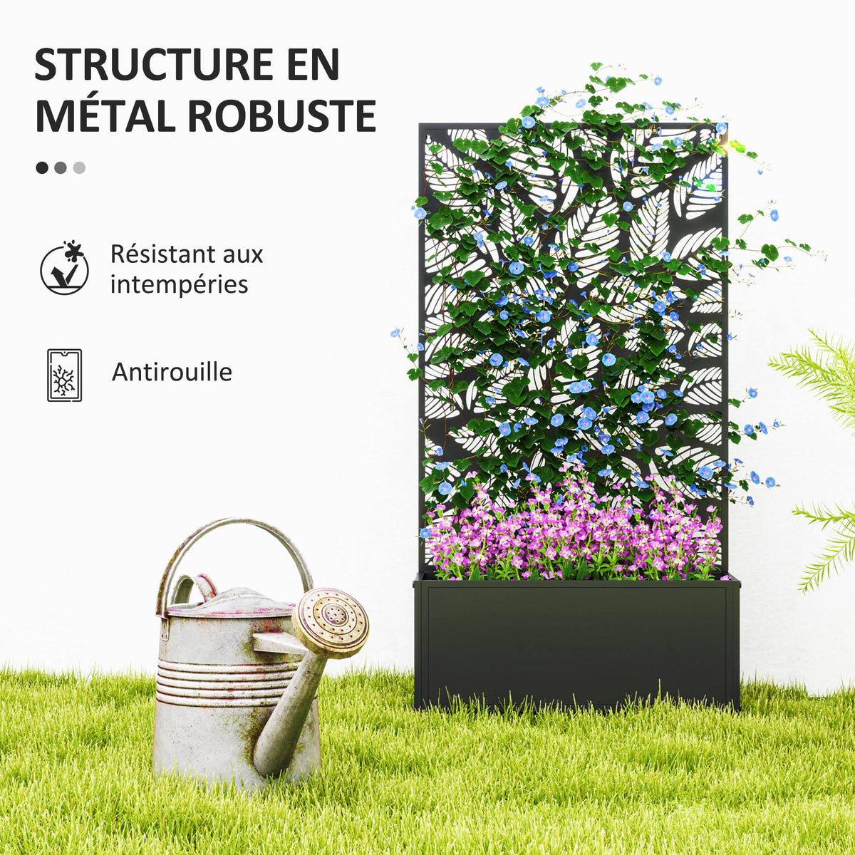 Jardinière murale ou autoportante en métal noir ajouré 61 cm