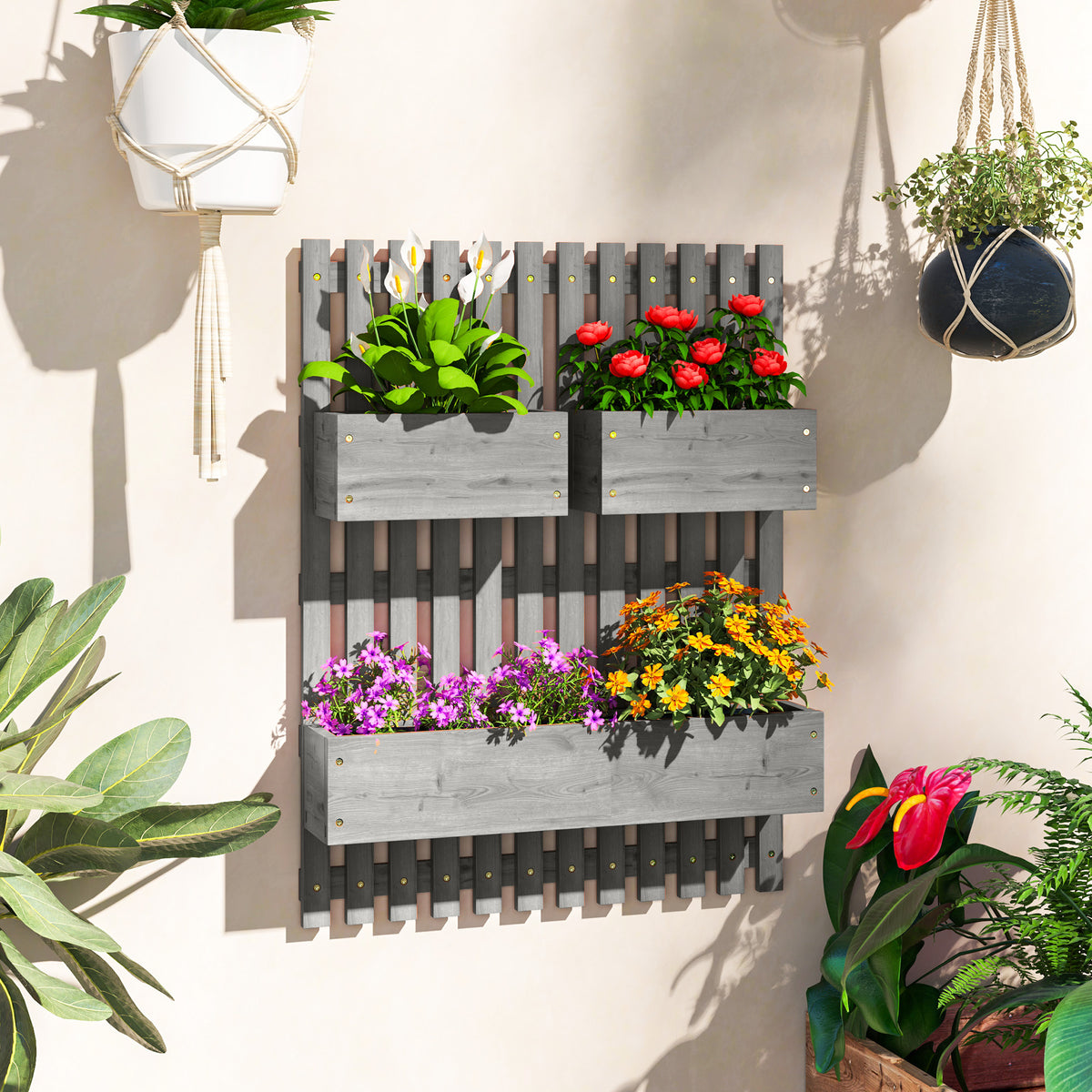 Jardinière murale potager 3 bacs en bois massif gris 60x80 cm