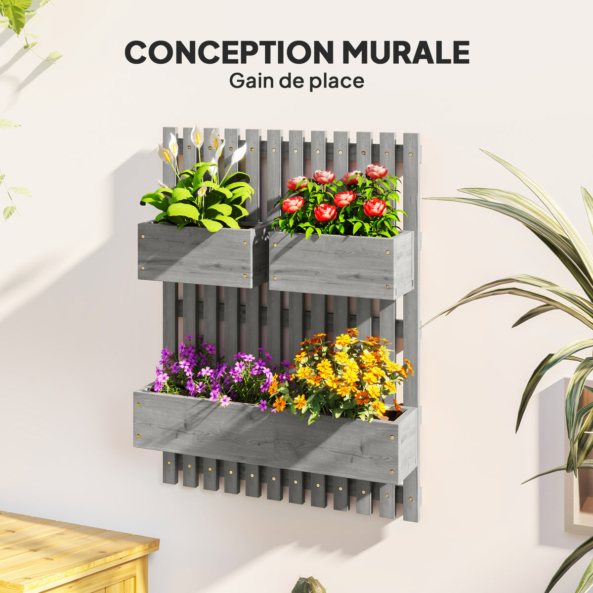 Jardinière murale potager 3 bacs en bois massif gris 60x80 cm