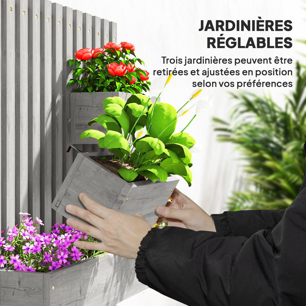 Jardinière murale potager 3 bacs en bois massif gris 60x80 cm