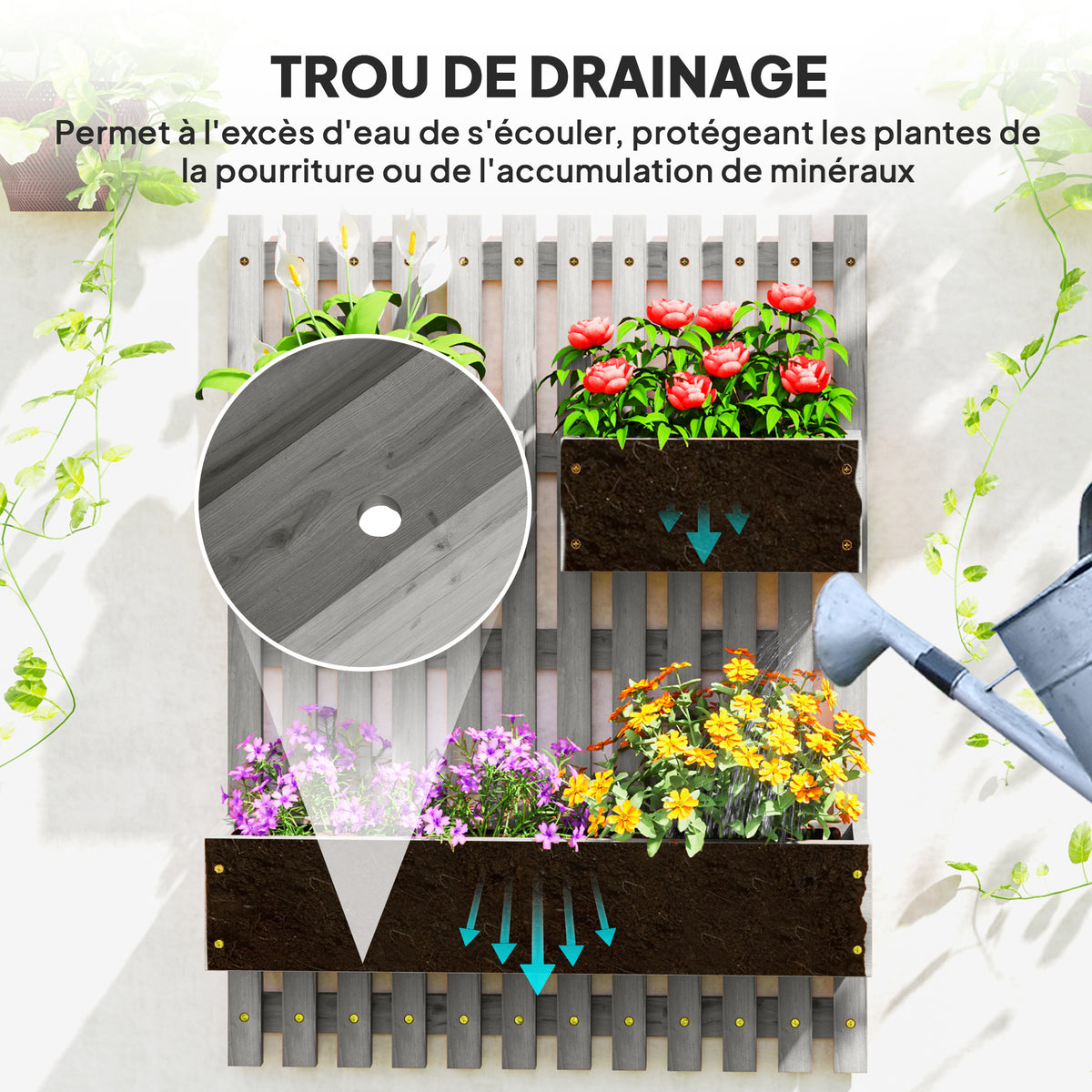 Jardinière murale potager 3 bacs en bois massif gris 60x80 cm