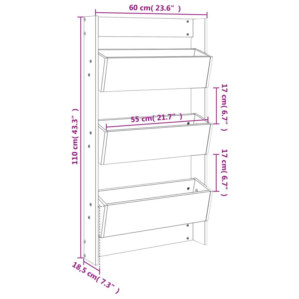 Jardinière murale verticale en bois massif, 3 bacs 60x110 cm