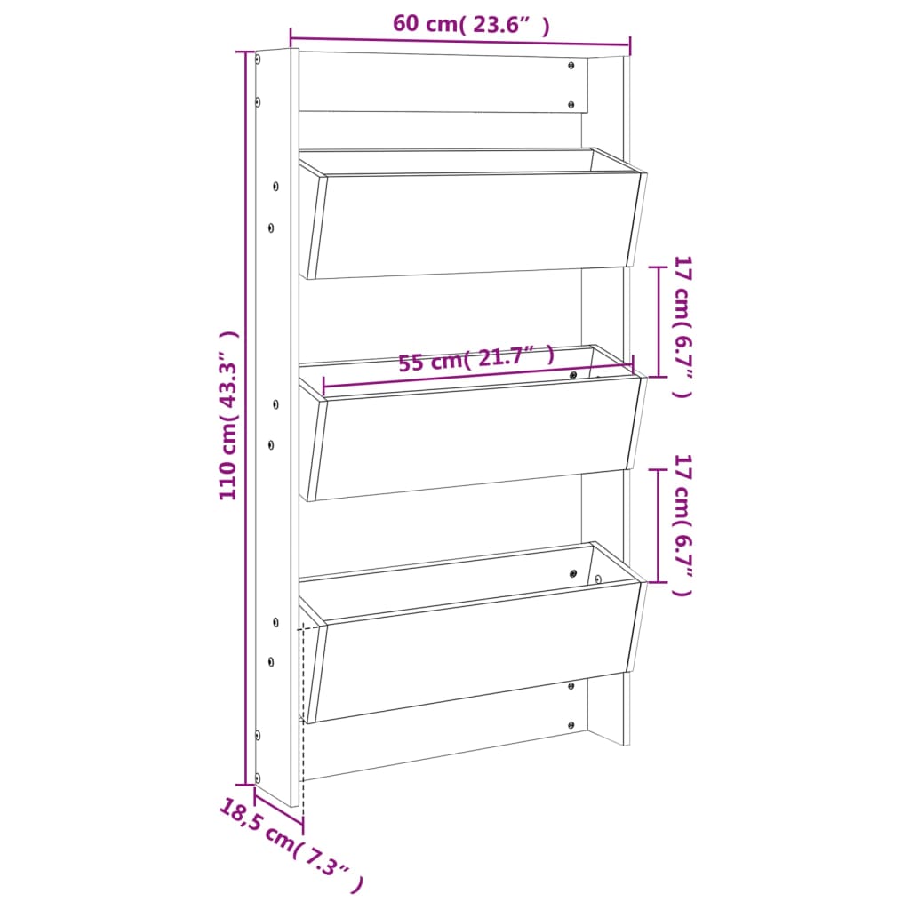 Jardinière murale verticale en bois massif, 3 bacs 60x110 cm