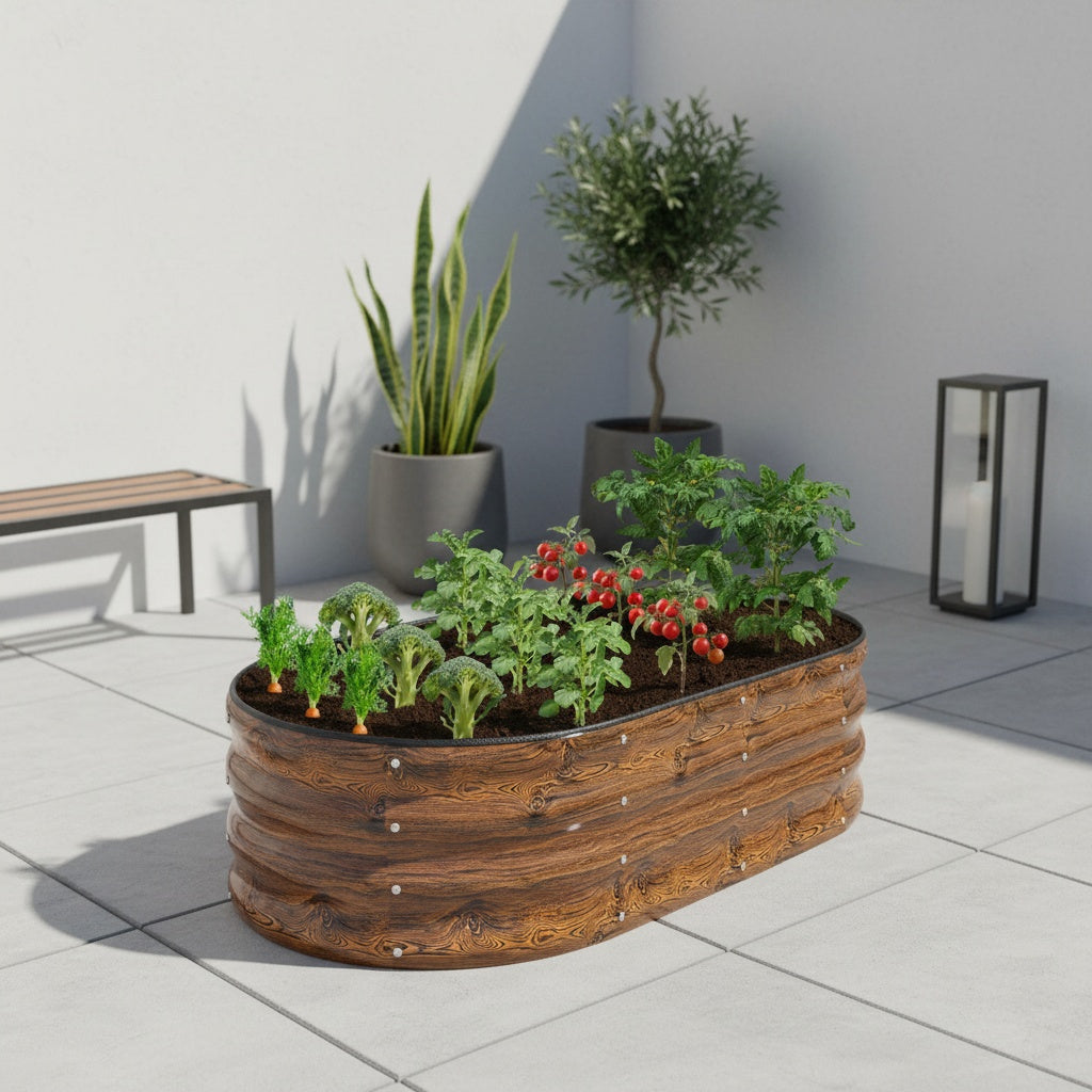 Jardinière ovale effet bois 122x61x30 cm en acier galvanisé