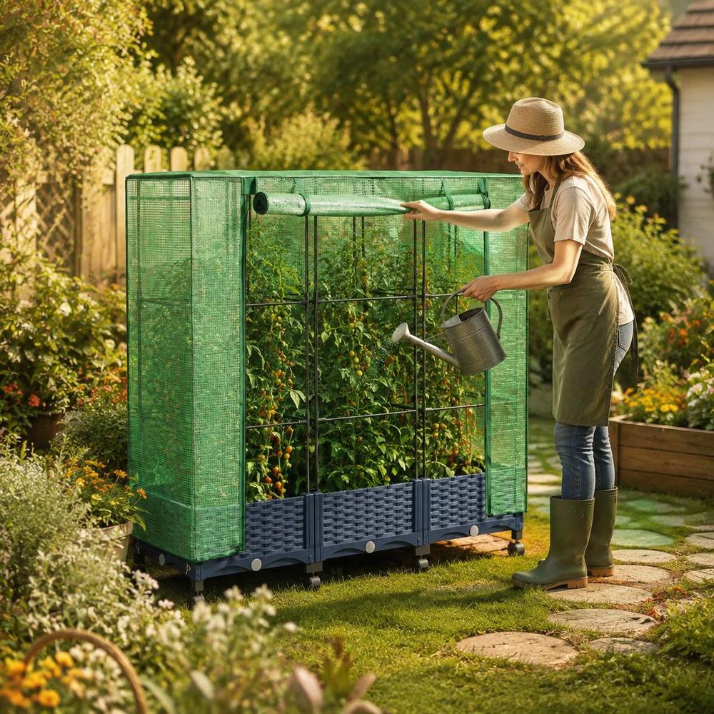 Jardinière potager 120 cm sur roulettes avec housse de serre