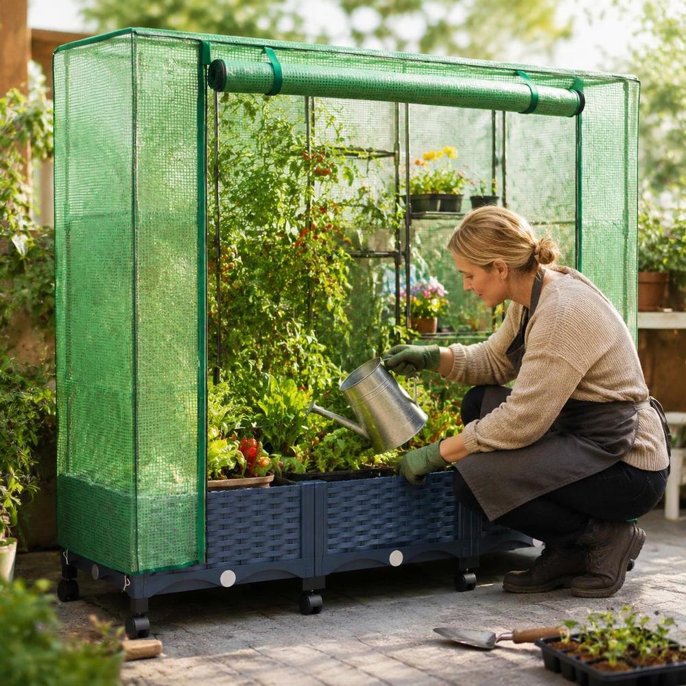 Jardinière potager 120 cm sur roulettes avec housse de serre