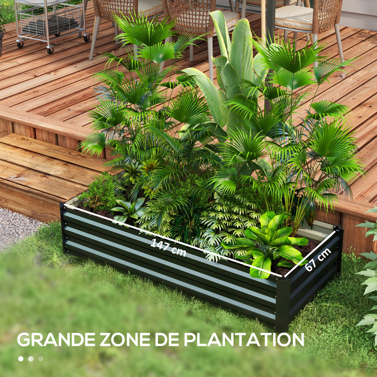 Jardinière potager en acier noir 150x70x30 cm, fond ouvert