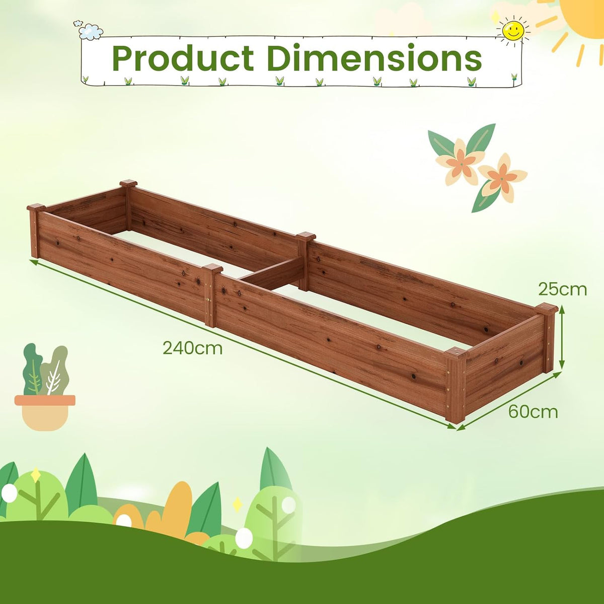 Jardinière potager en bois massif 240x60x25 cm pour légumes