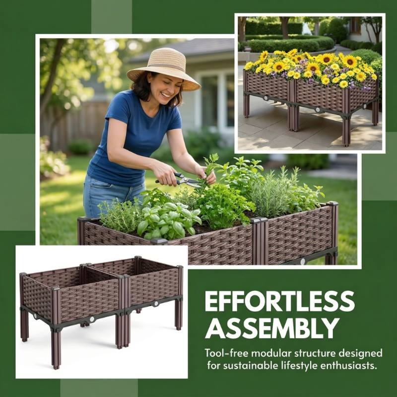 Jardinière potager modulaire effet rotin 80x40 cm sur pieds