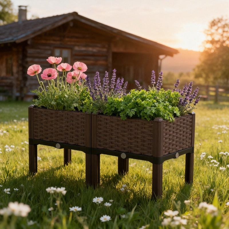 Jardinière potager modulaire effet rotin 80x40 cm sur pieds