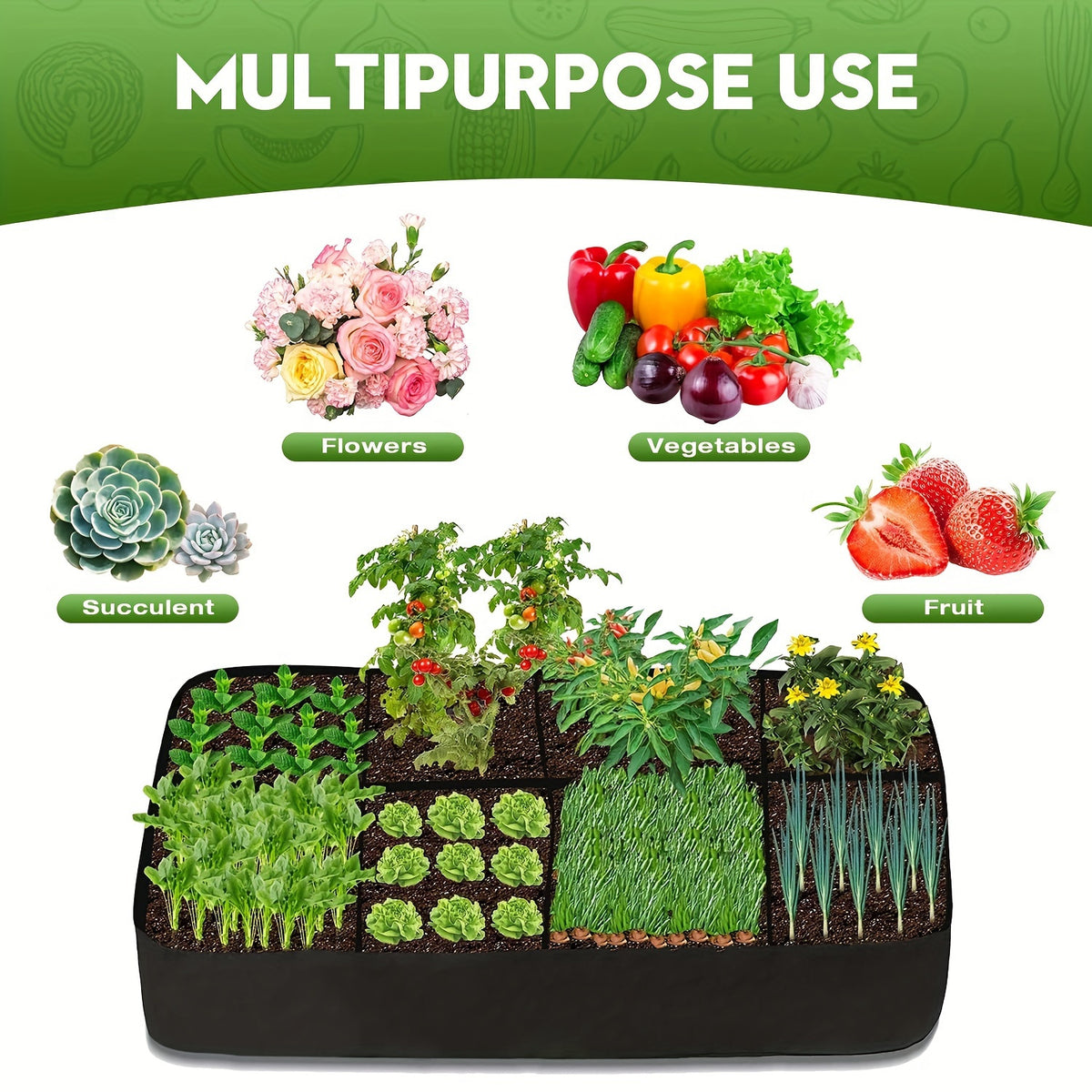 Jardinière potager souple 8 compartiments 80x40x25 cm noire