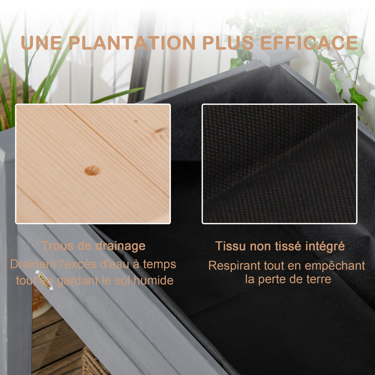 Jardinière potager sur pied 123x57x76 cm en bois massif gris