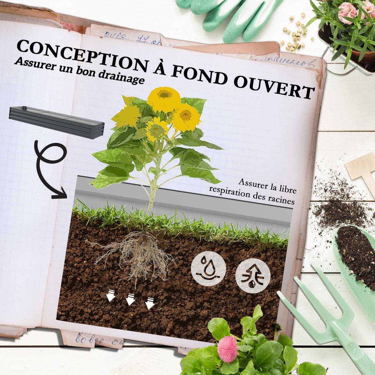 Jardinière potager surélevée 240x60x30 cm — Métal gris foncé