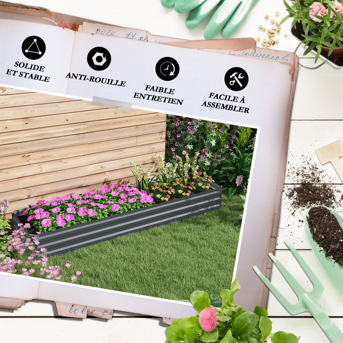 Jardinière potager surélevée 240x60x30 cm — Métal gris foncé