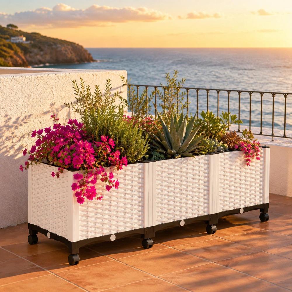 Jardinière potager surélevée à roulettes 120 cm, blanc tressé