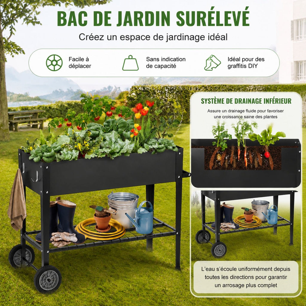 Jardinière potager surélevée sur roulettes en acier noir