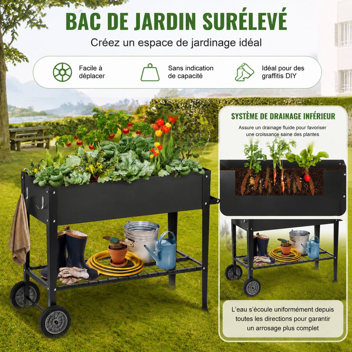 Jardinière potager surélevée sur roulettes en acier noir