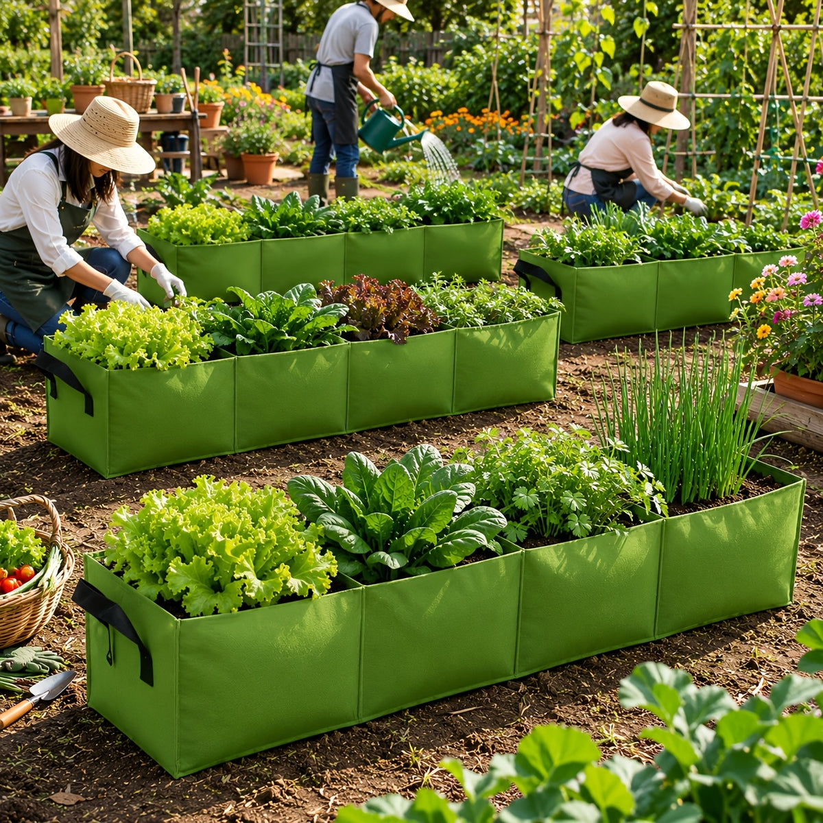 Jardinière potager verte 120 cm - 4 cases en feutre 106 L