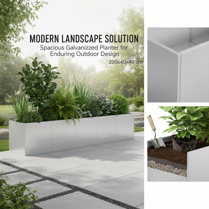 Jardinière rectangulaire acier galvanisé 200x40x40 cm argentée