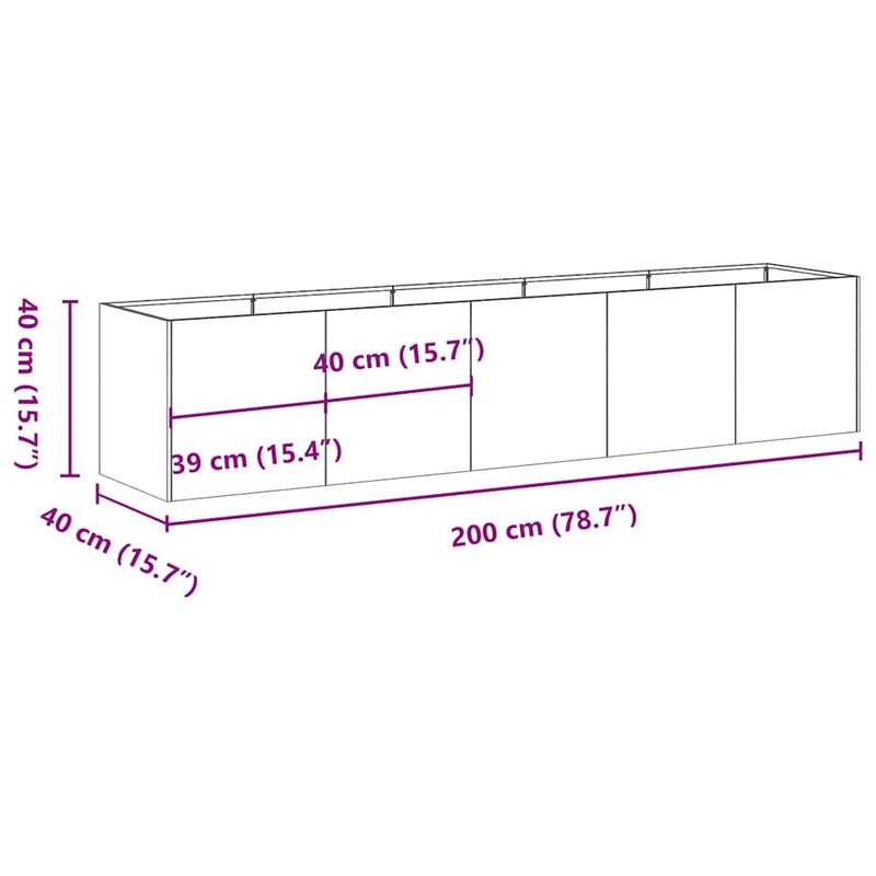 Jardinière rectangulaire acier galvanisé 200x40x40 cm argentée