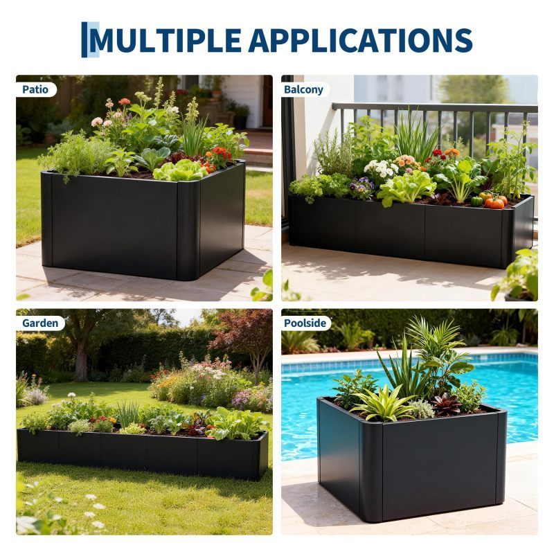 Jardinière rectangulaire en acier noir 136x52x30 cm à fond ouvert