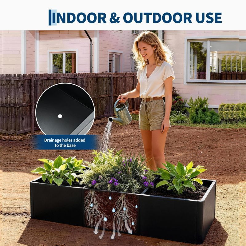 Jardinière rectangulaire en acier noir 136x52x30 cm à fond ouvert