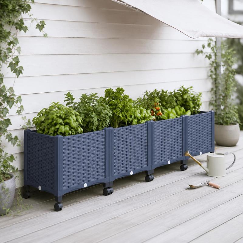 Jardinière rectangulaire bleue 160 cm sur roulettes, potager