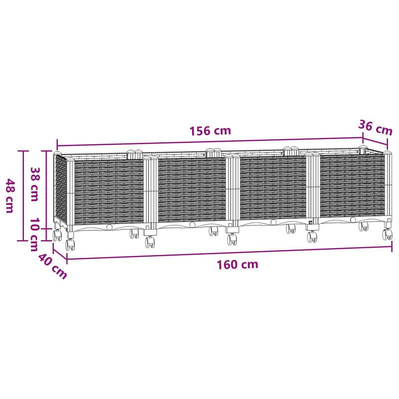 Jardinière rectangulaire bleue 160 cm sur roulettes, potager