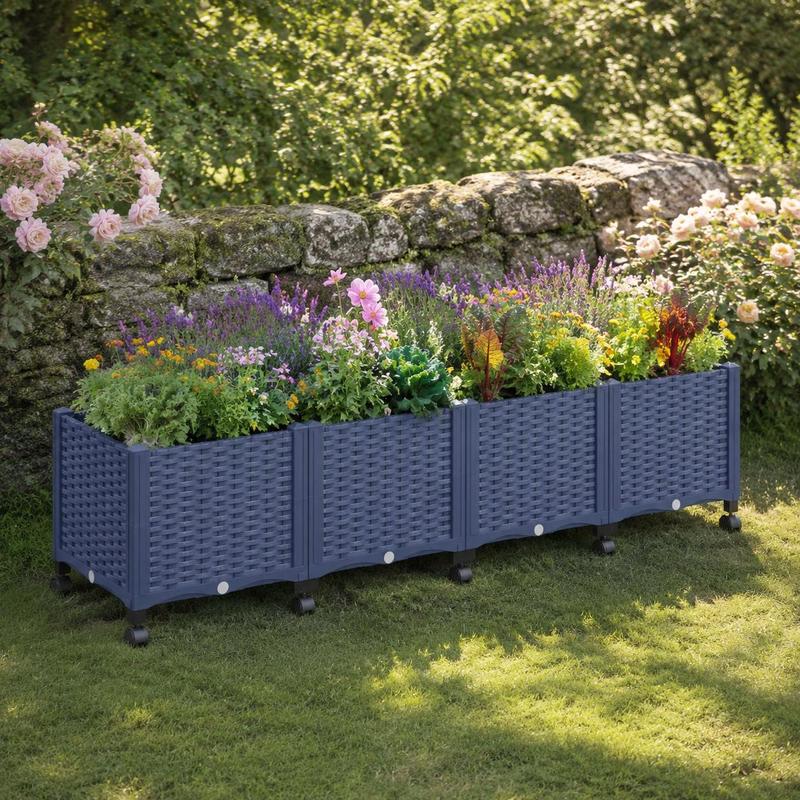 Jardinière rectangulaire bleue 160 cm sur roulettes, potager