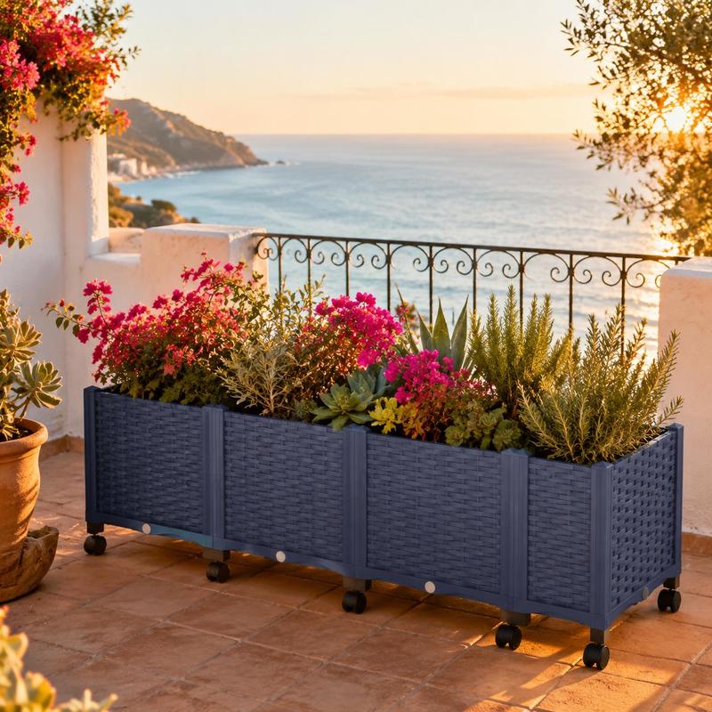 Jardinière rectangulaire bleue 160 cm sur roulettes, potager