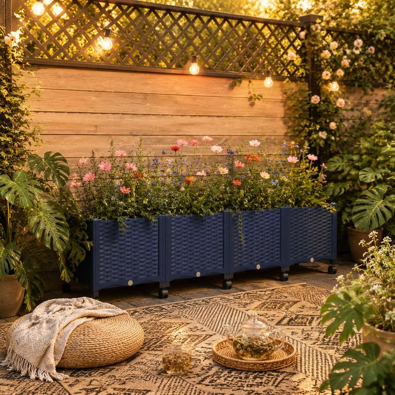 Jardinière rectangulaire bleue 160 cm sur roulettes, potager