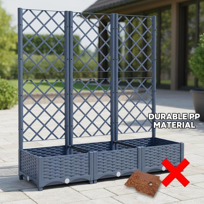 Jardinière rectangulaire grise avec treillis pour grimpantes