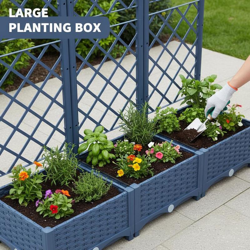 Jardinière rectangulaire grise avec treillis pour grimpantes