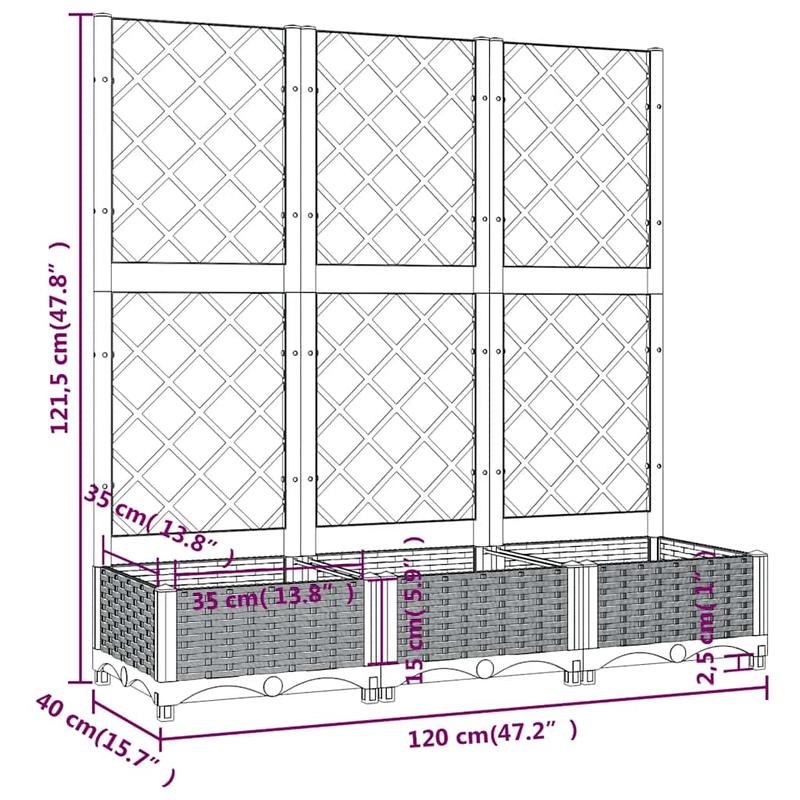 Jardinière rectangulaire grise avec treillis pour grimpantes