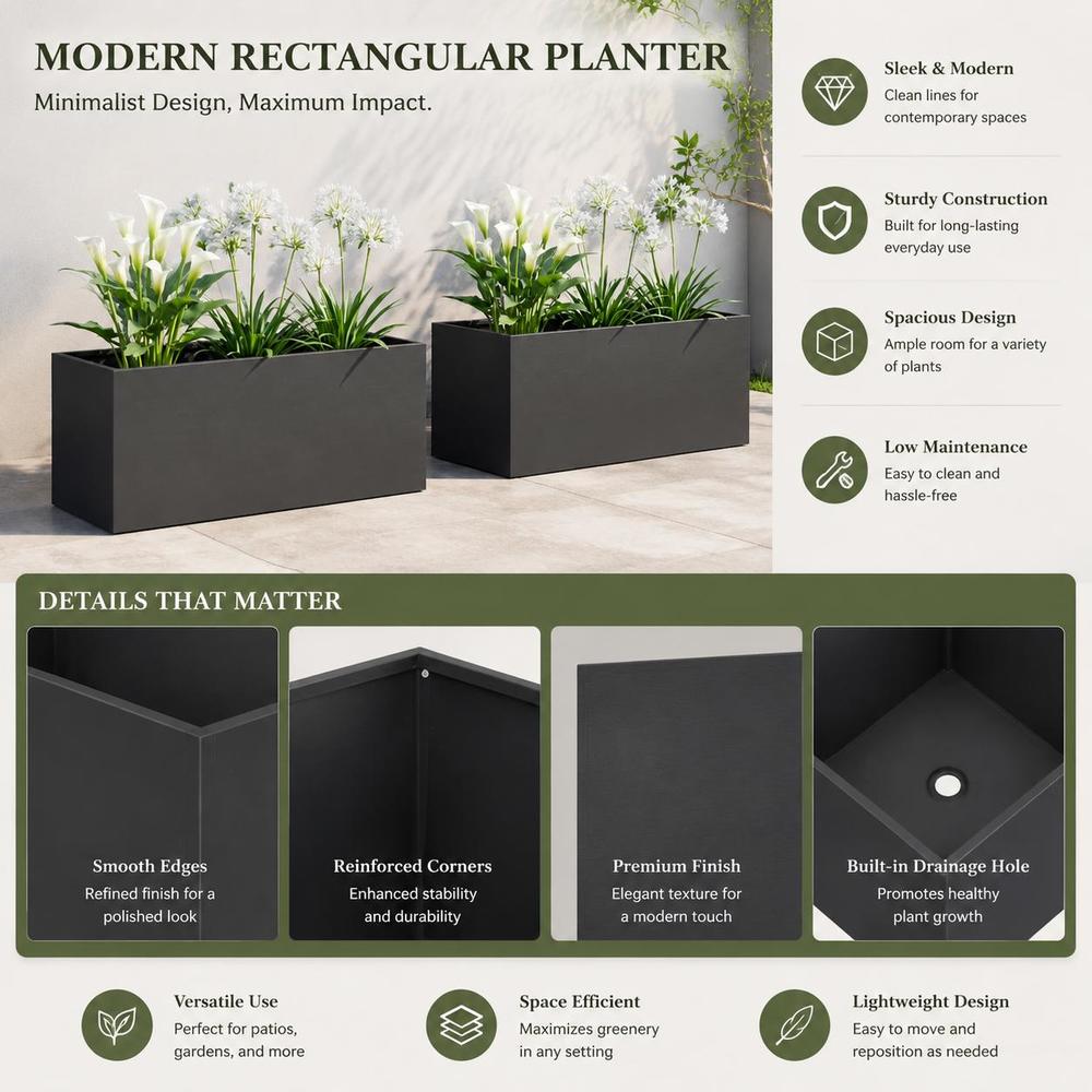 Jardinière rectangulaire en métal noir 80x40x40 cm - Lot de 2