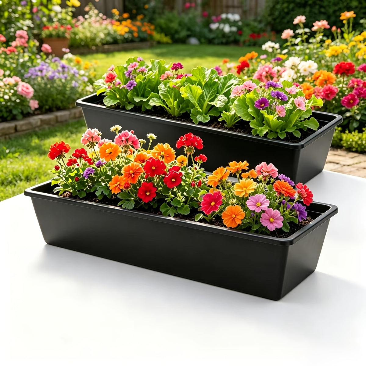 Jardinière rectangulaire noire 99 cm, lot de 2 bacs à fleurs