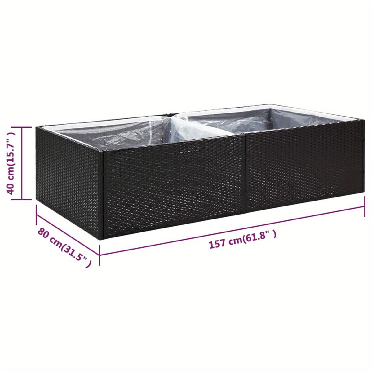 Jardinière rectangulaire noire en poly rotin 157x80x40 cm